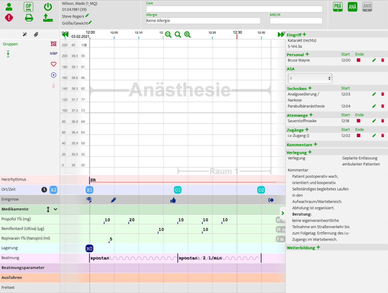 Anaesthesia with standard (german screenshot)